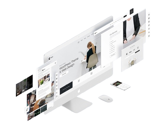 Layered web design mockup across desktop and mobile